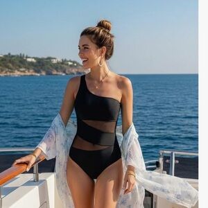 Chic Black Mesh One-Shoulder Swimsuit